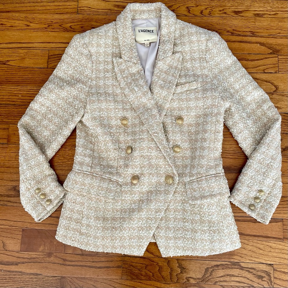 L’Agence Kenzie Double Breasted Metallic Gold Tweed Blazer Jacket Size 6